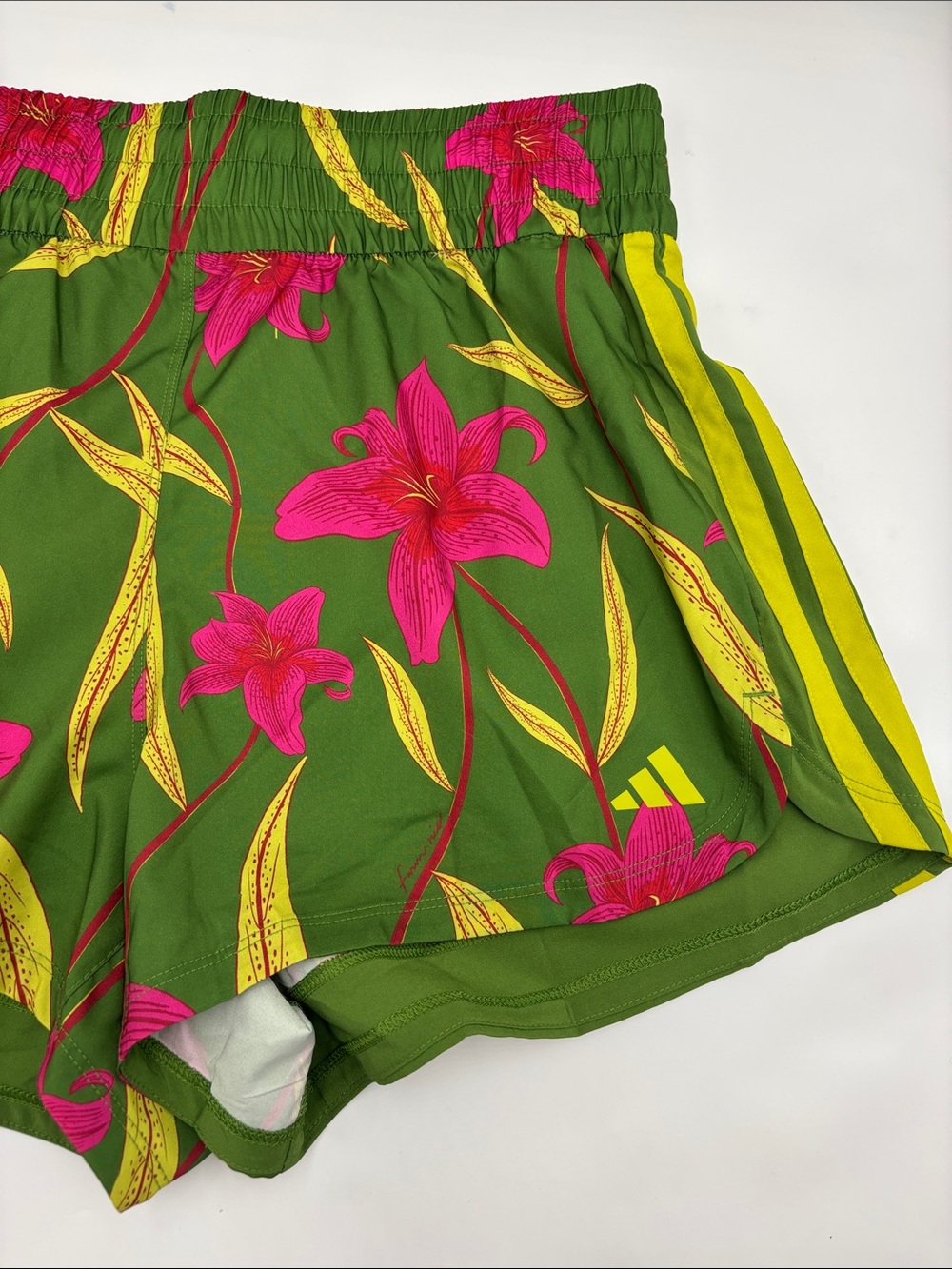 Adidas x Farm Rio Pacer Shorts in Crew Green/Magenta/Lime - Picture 2 of 7
